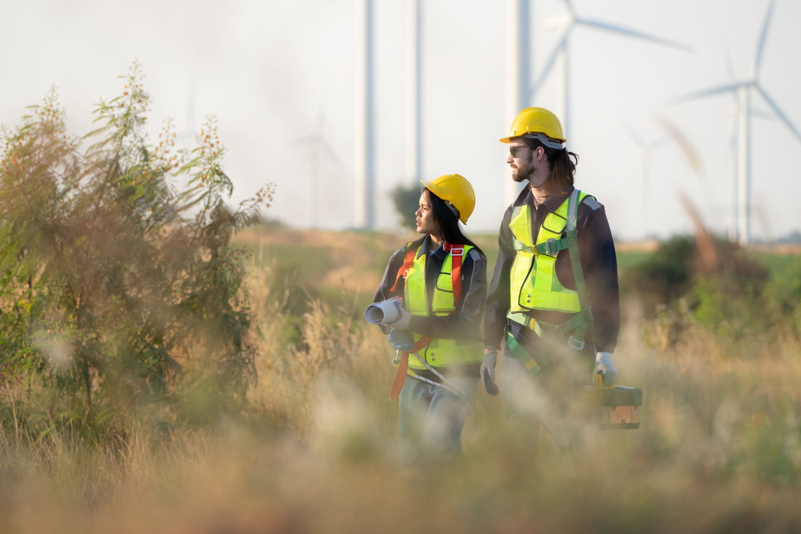 Engineer and worker discussing on a wind turbine farm with bluep