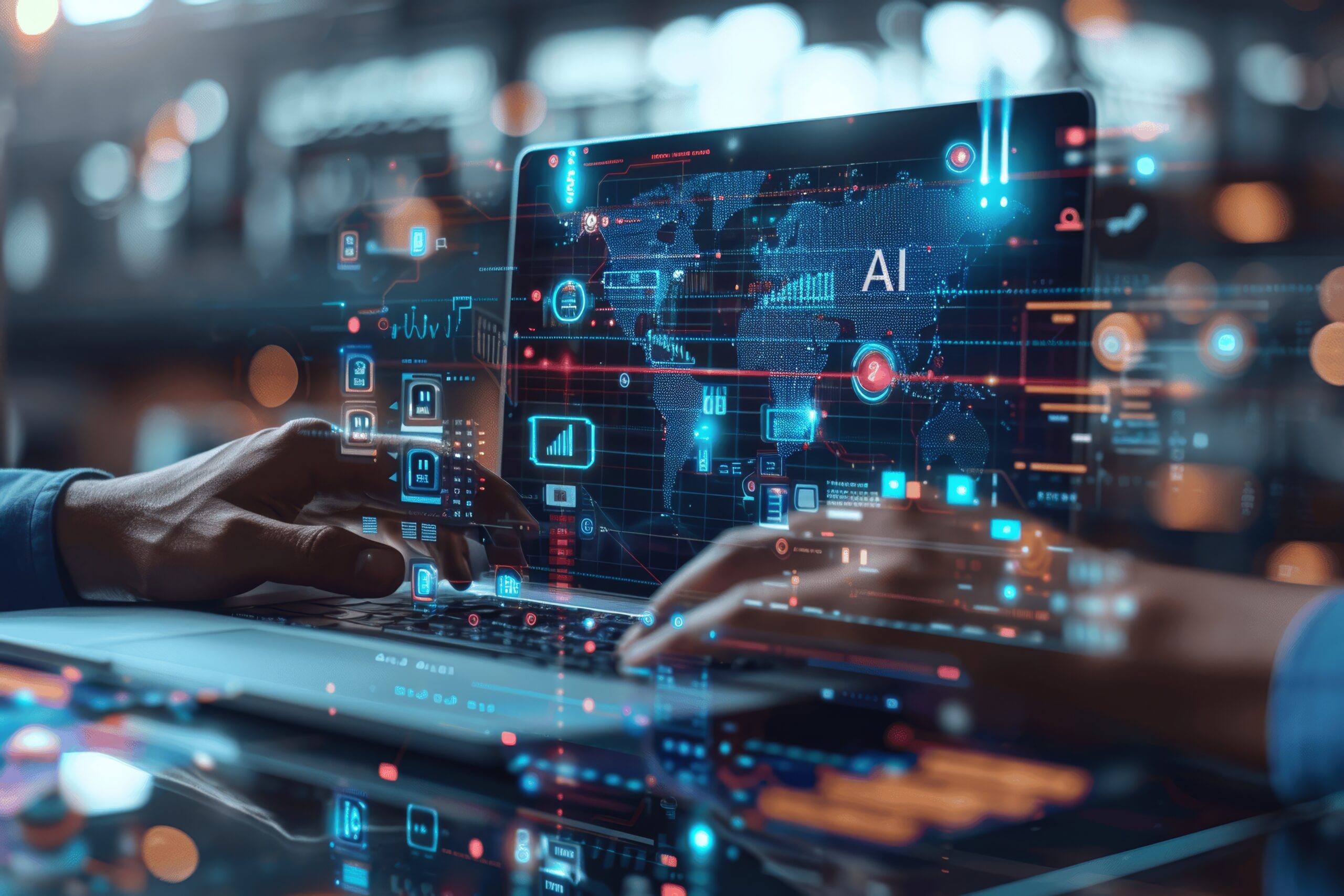 Businessman or data scientist using laptop for business analytics with KPI charts and AI technology to predict and analyze performance for data-driven insights and strategic management