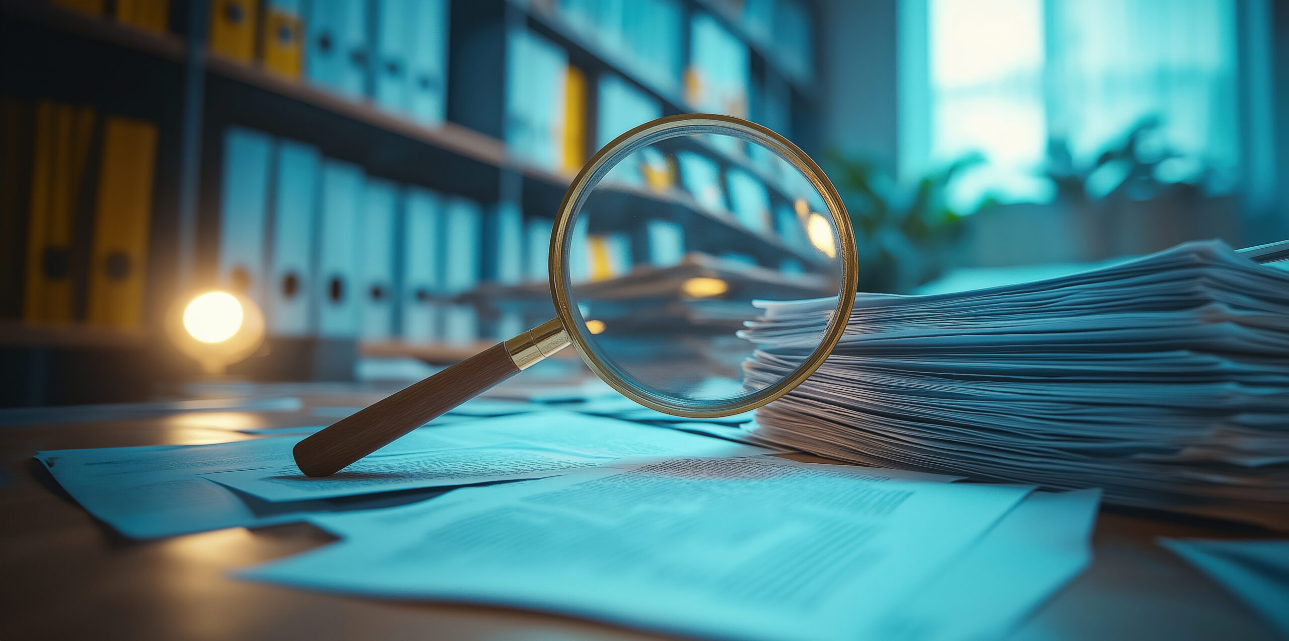 Magnifying Glass Over Documents: Investigation, Research, and Detailed Analysis in Office Setting