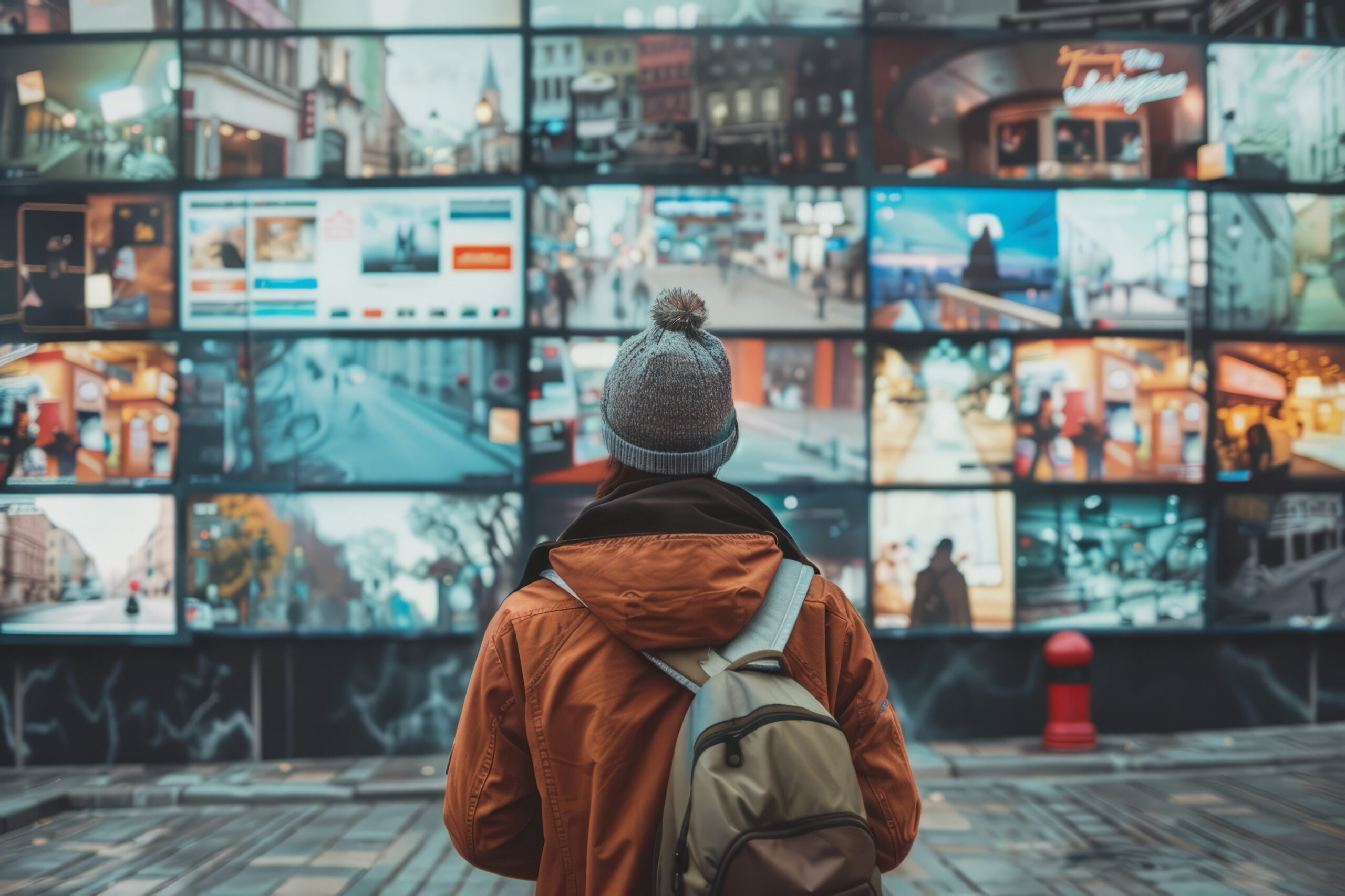 Person watching a lot of TV screens. Propaganda and fake news concept
