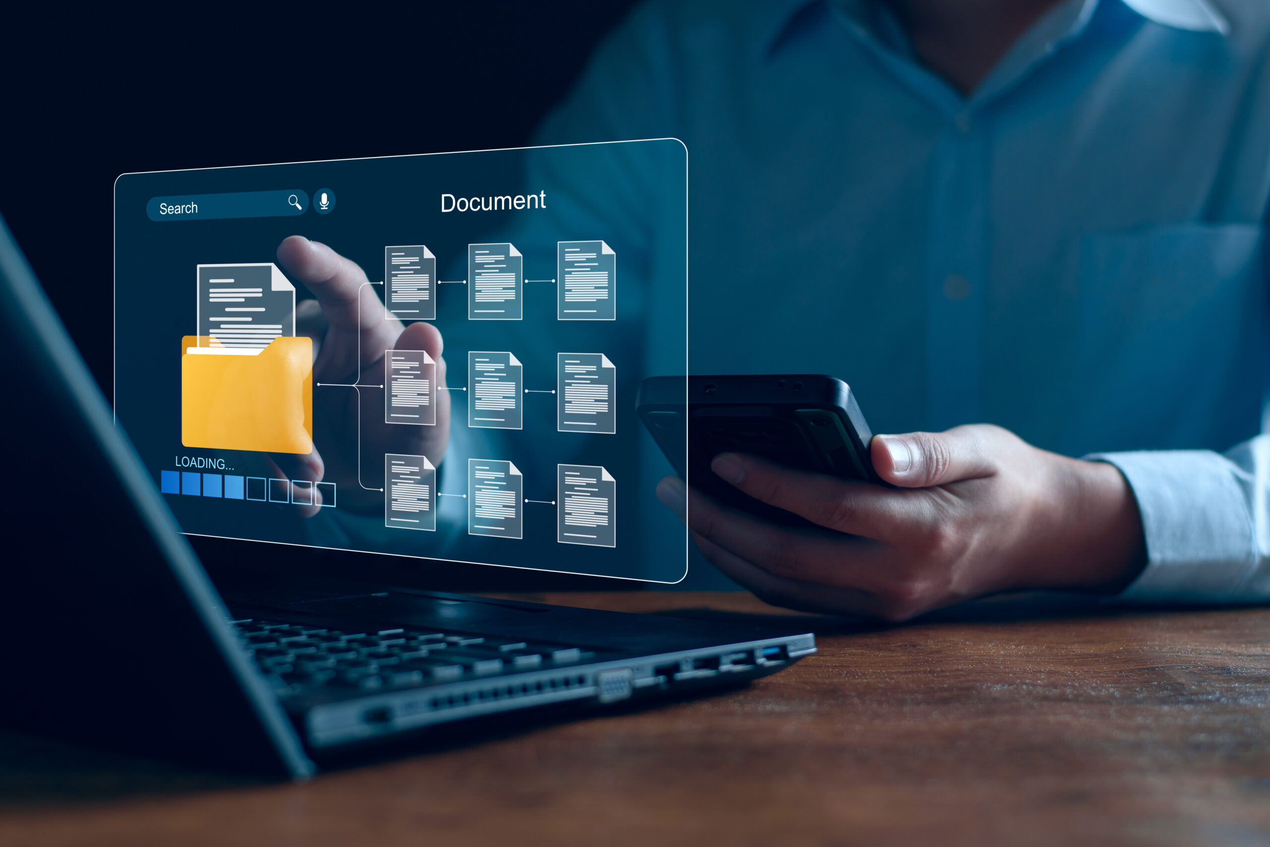 Document management and network system concept. Businessman use