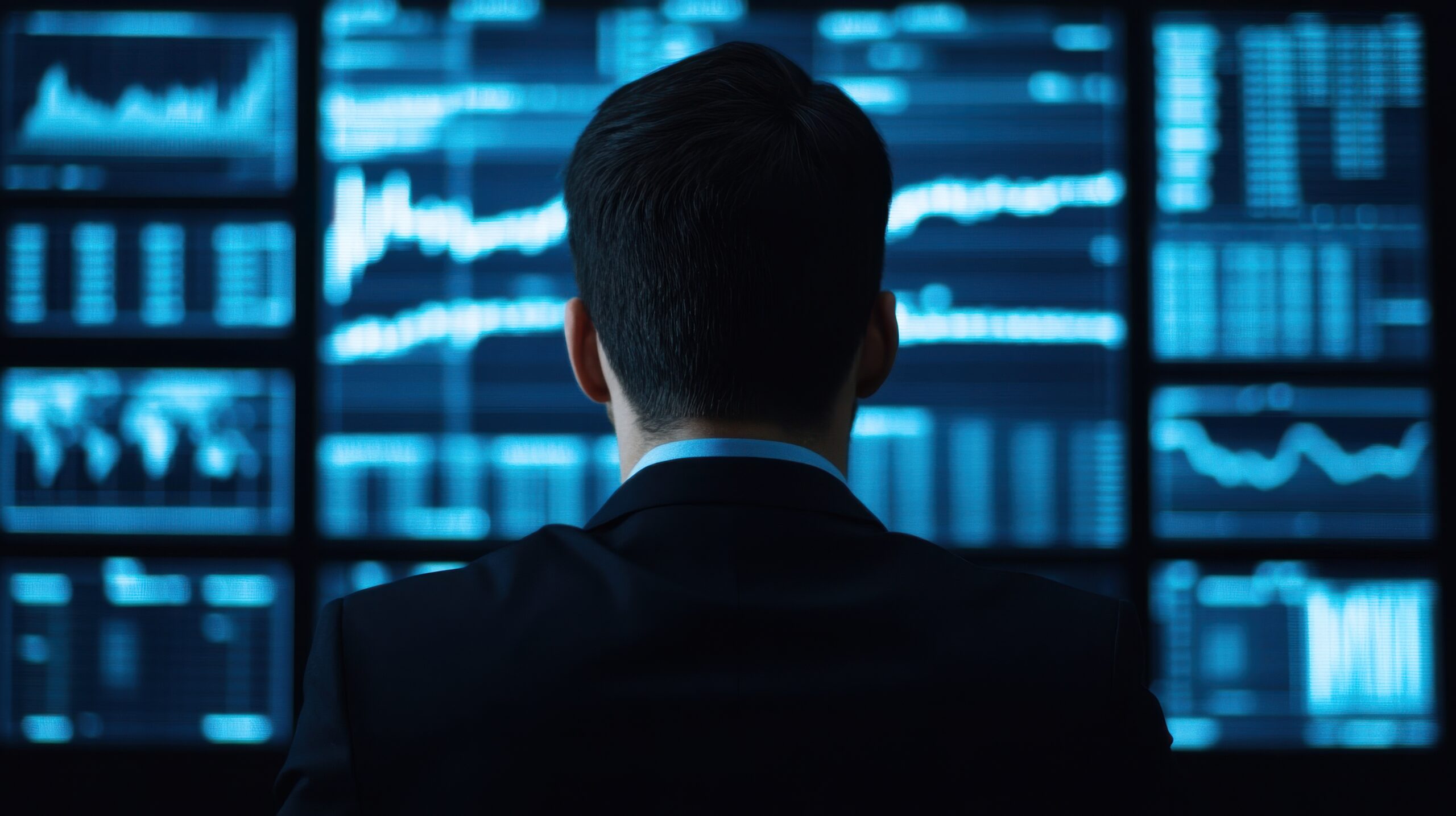 Professional in Business Attire Studying Data on Screen