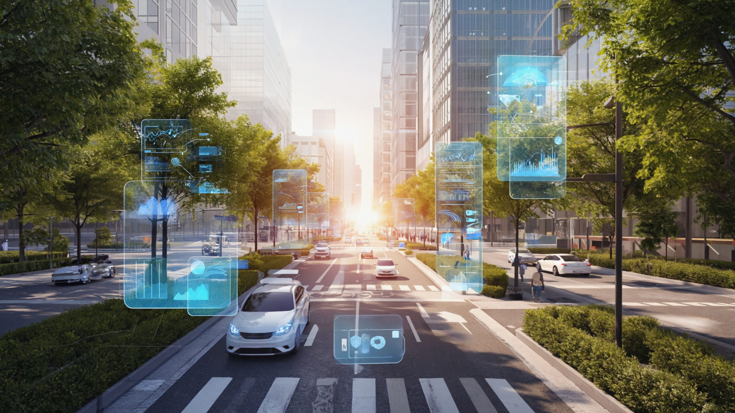 Futuristic city with autonomous vehicles navigating urban landscape seamlessly