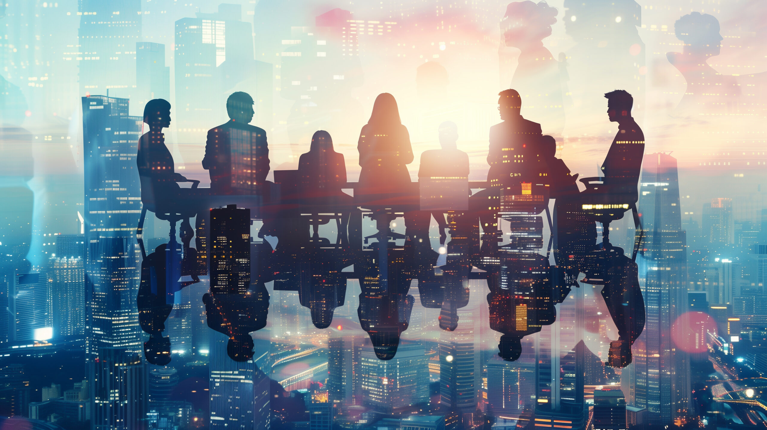 A group of people are sitting around a table in a city