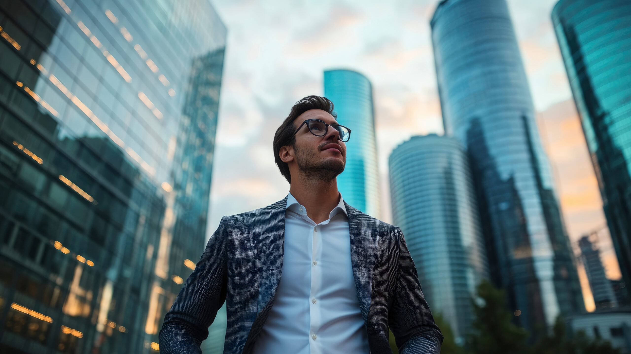 Confident rich businessman executive standing in modern big city looking and dreaming of future business success, thinking about new goals, business vision and leadership concepts with generative ai