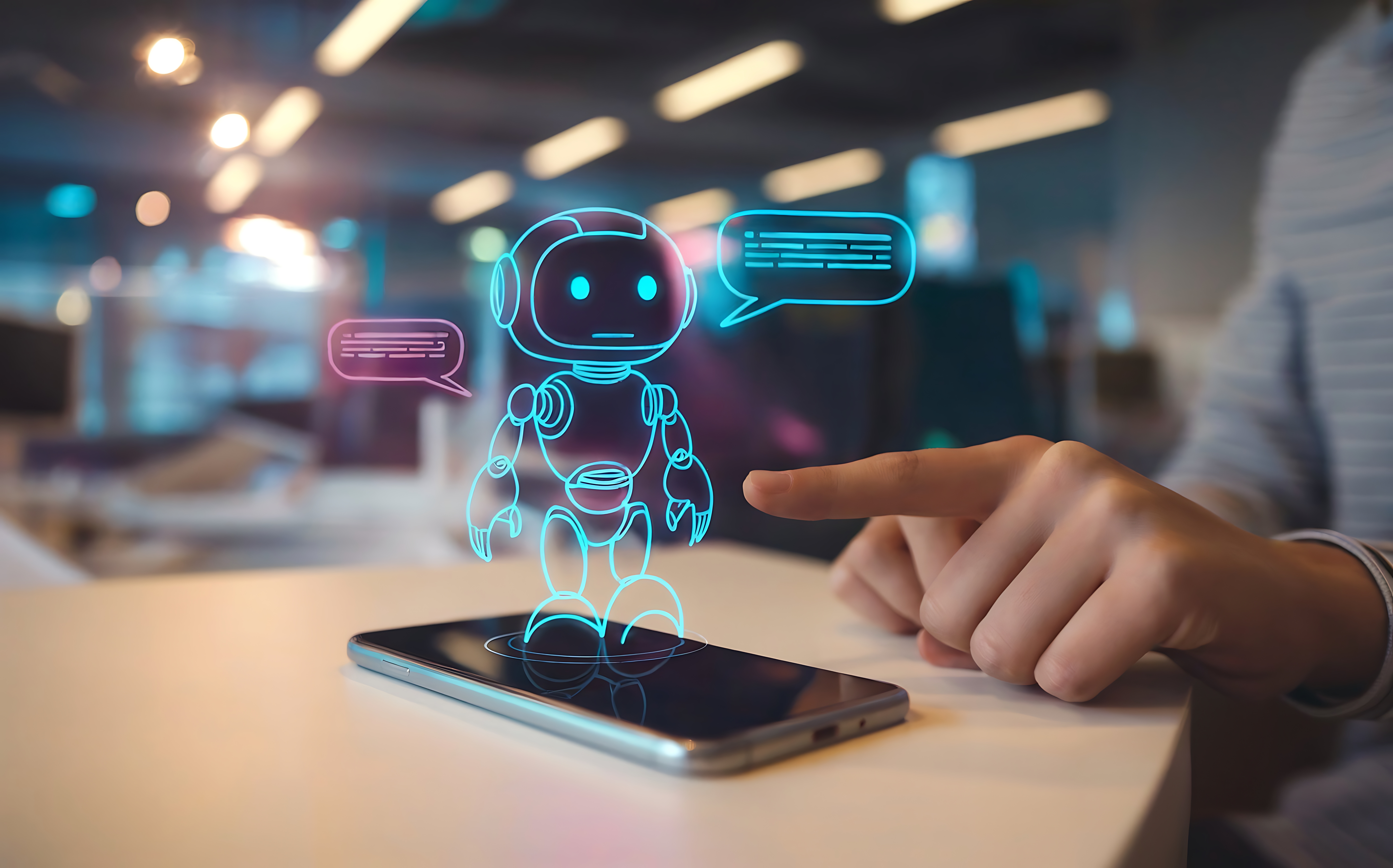 A virtual chatbot assistant interacts with a person via smartphone, representing modern ai technology and communication