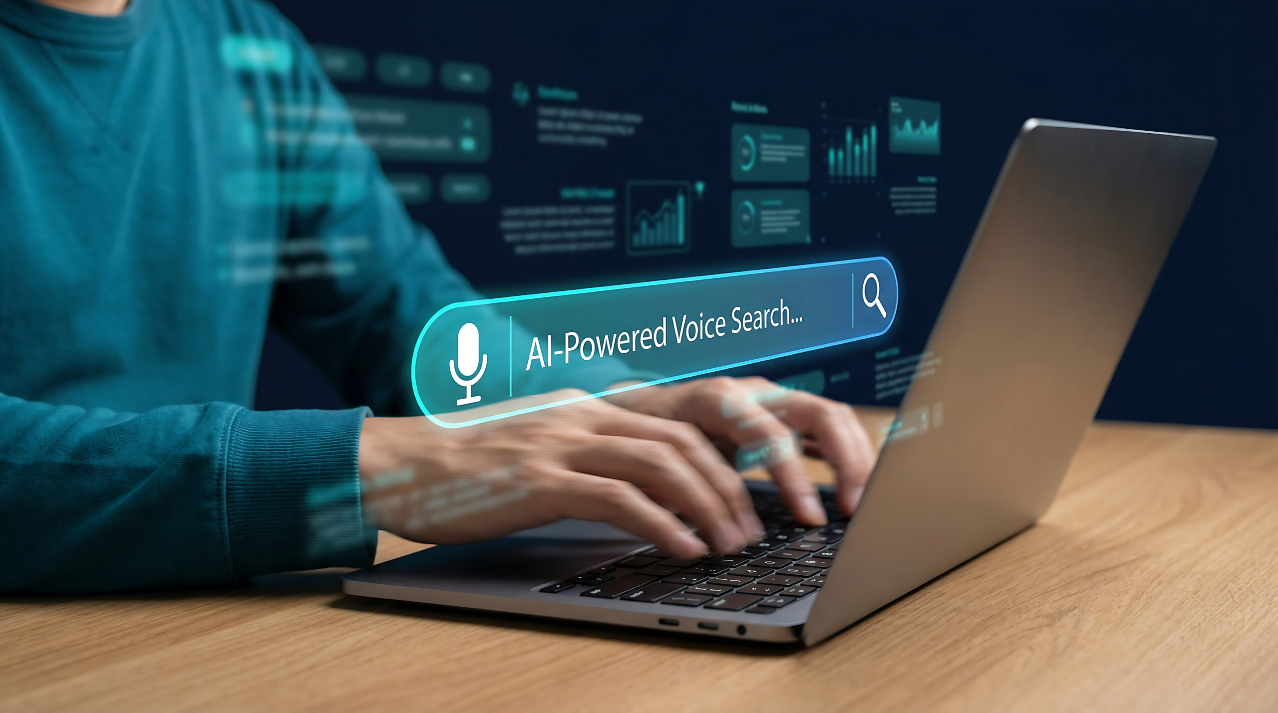Person using AI voice search on a laptop with futuristic interface and data visualizations