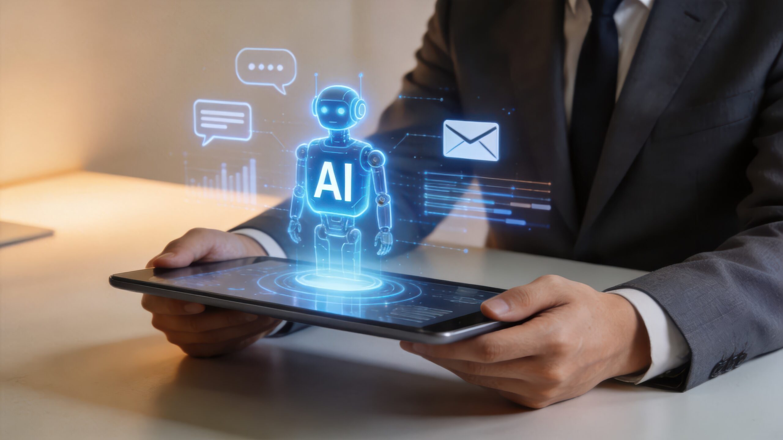 Artificial intelligence assistant hologram on tablet,smart digital communication,AI technology innovation,business automation concept,futuristic virtual robot interface