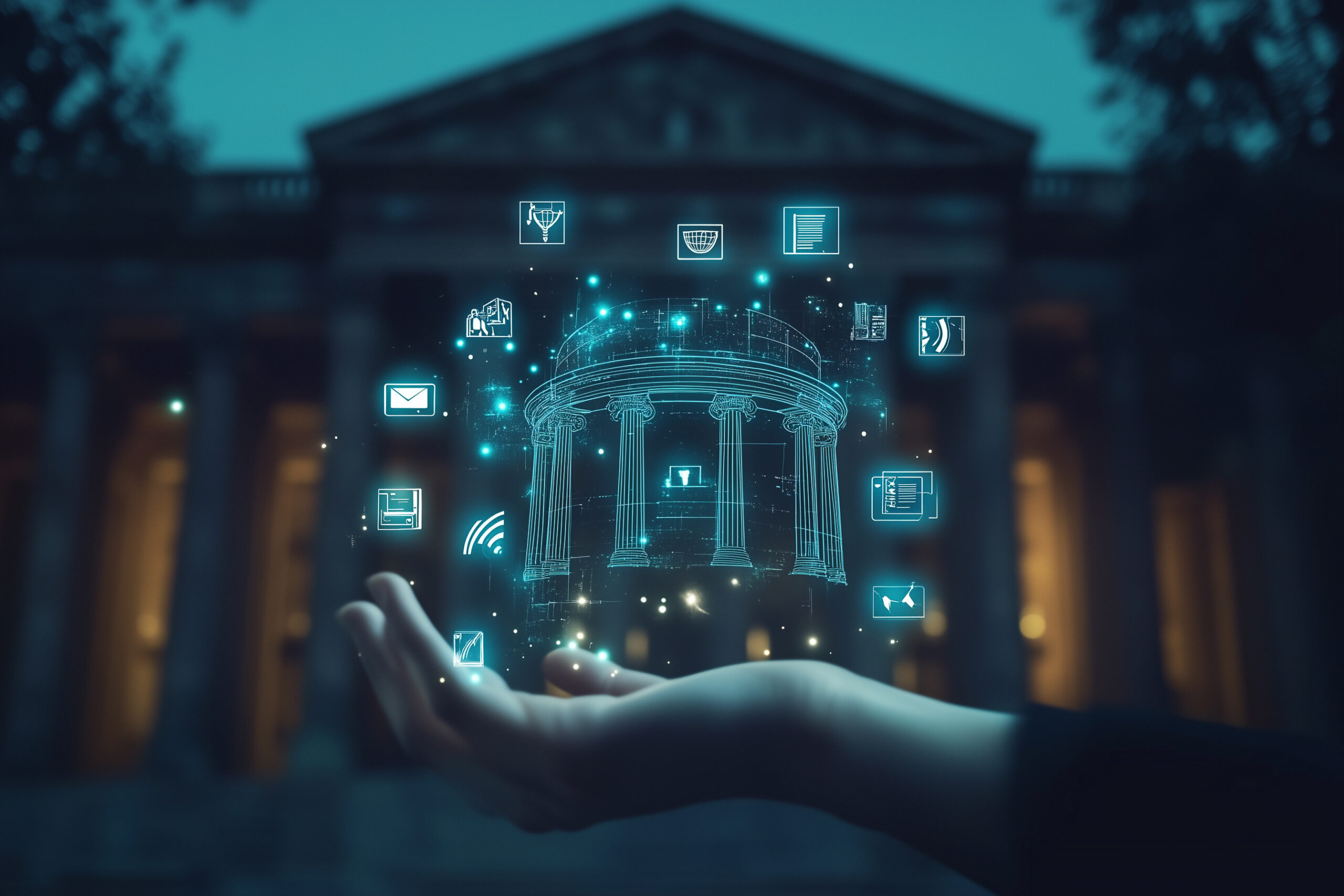 Municipal services provide community infrastructure. Person holding public sector icons on dark background