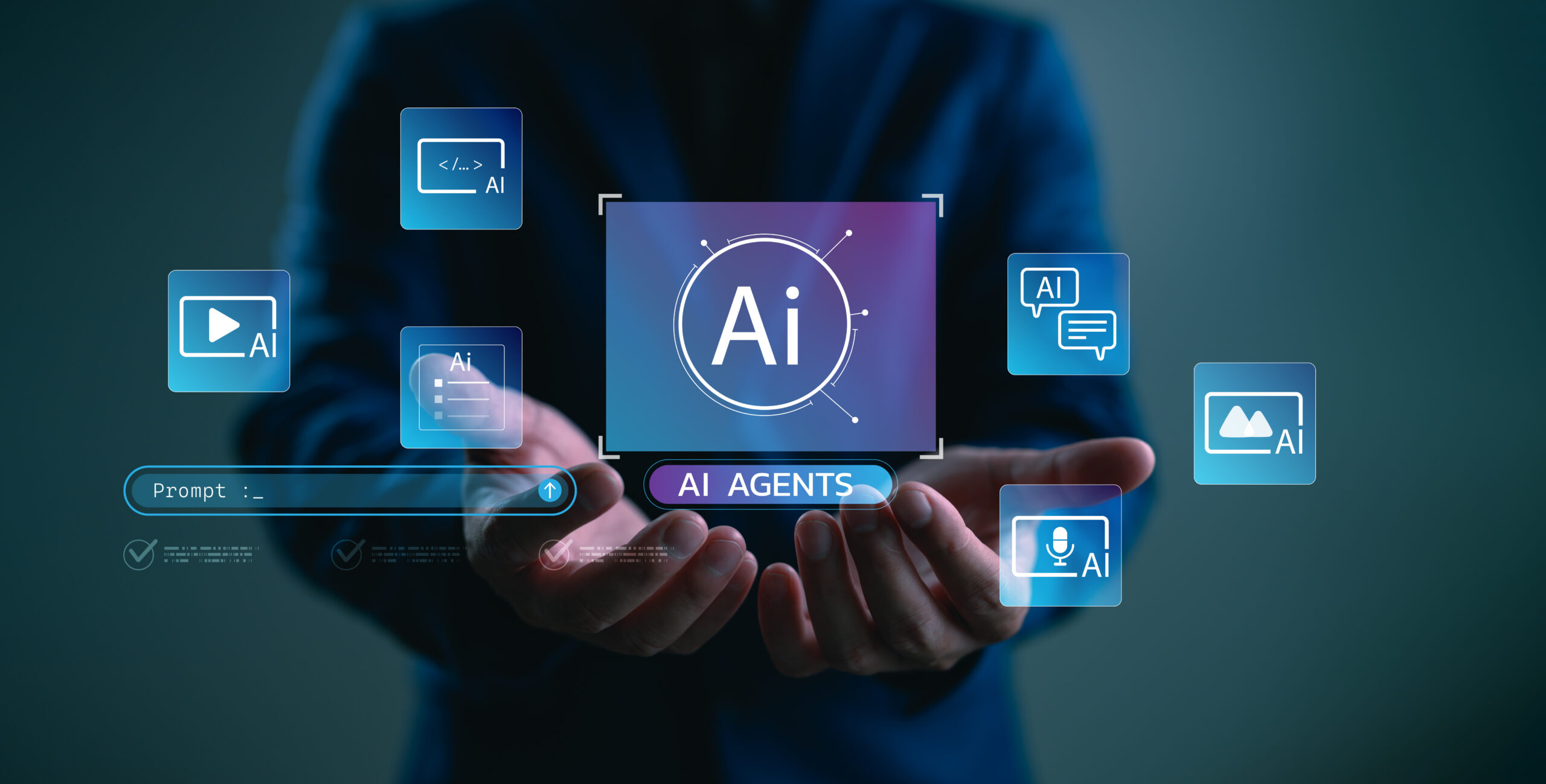 Businessman presenting virtual AI agents icons for automation tools, chatbots, image and video generation, voice synthesis, and multimodal artificial intelligence with prompt-driven interface.